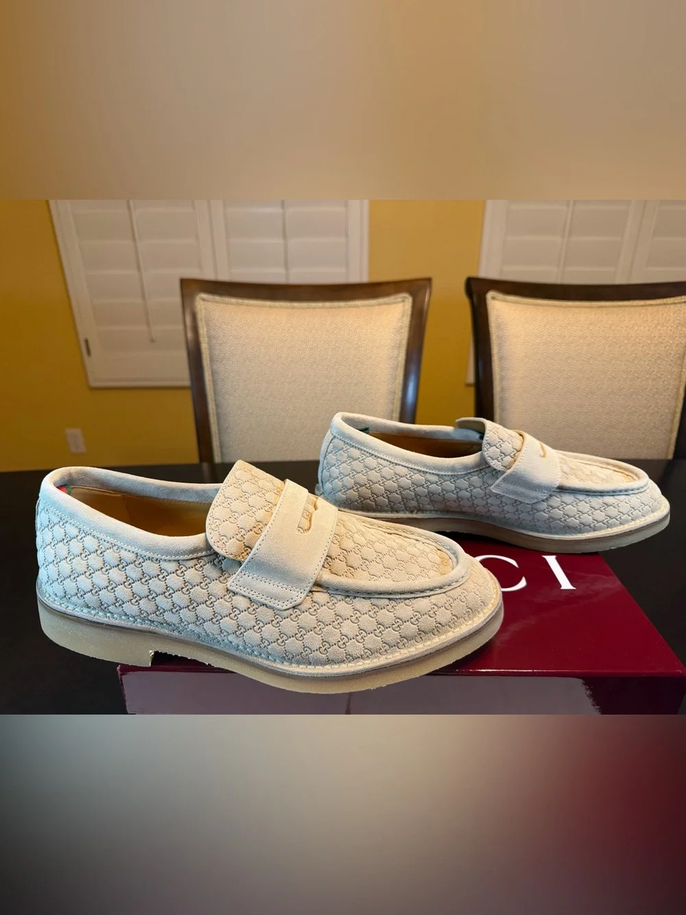 New Authentic Gucci GG Logo Suede Loafers Cream UK 11.5 / US 12